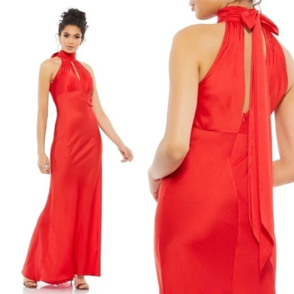 NEW $598 MAC DUGGAL 49520 RED KEYHOLE HALTER EMPIRE WAIST SATIN GOWN Size 2